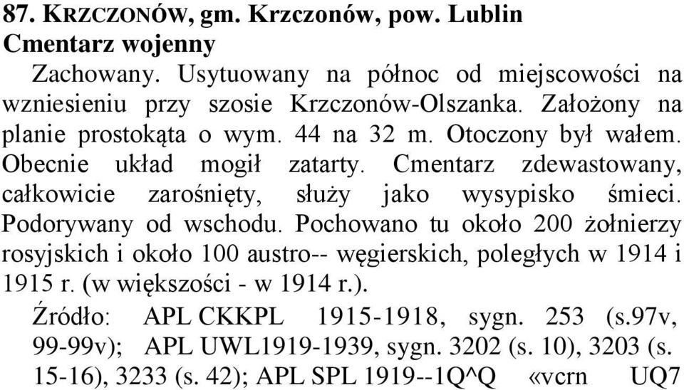 Cmentarz zdewastowany, całkowicie zarośnięty, służy jako wysypisko śmieci. Podorywany od wschodu.