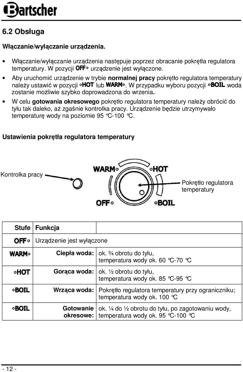 W celu gotowania okresowego pokrętło regulatora temperatury należy obrócić do tyłu tak daleko, aż zgaśnie kontrolka pracy. Urządzenie będzie utrzymywało temperaturę wody na poziomie 95 C-100 C.