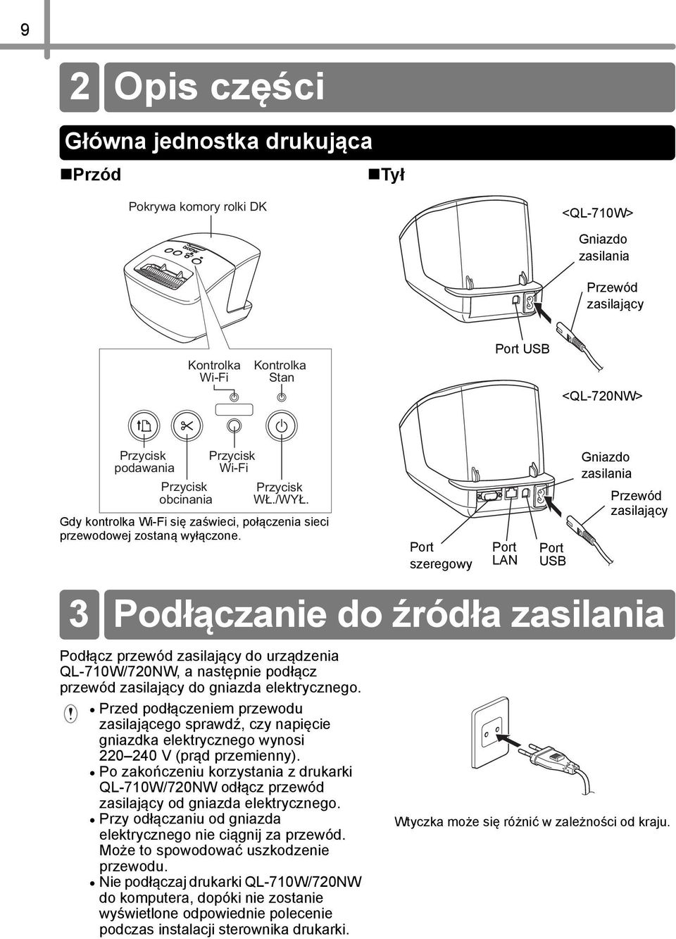 Podłącz przewód zasilający do urządzenia QL-710W/720NW, a następnie podłącz przewód zasilający do gniazda elektrycznego.