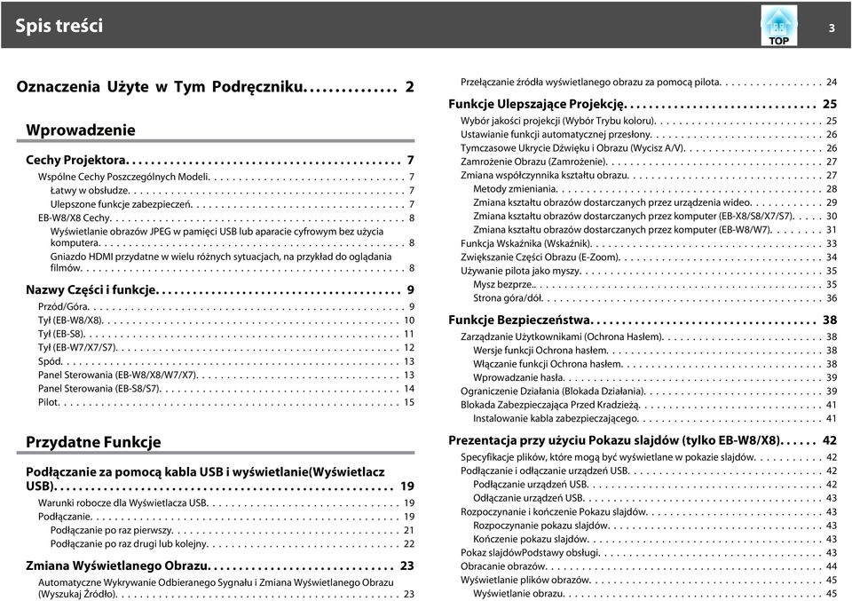 .. 8 Nazwy Części i funkcje... 9 Przód/Góra...9 Tył (EB-W8/X8)...10 Tył (EB-S8)...11 Tył (EB-W7/X7/S7)... 12 Spód...13 Panel Sterowania (EB-W8/X8/W7/X7)...13 Panel Sterowania (EB-S8/S7)...14 Pilot.