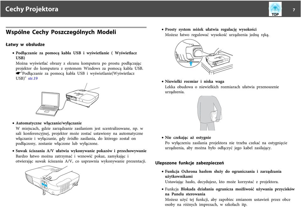 kabla USB. s"podłączanie za pomocą kabla USB i wyświetlanie(wyświetlacz USB)" str.19 Niewielki rozmiar i niska waga Lekka obudowa o niewielkich rozmiarach ułatwia przenoszenie urządzenia.