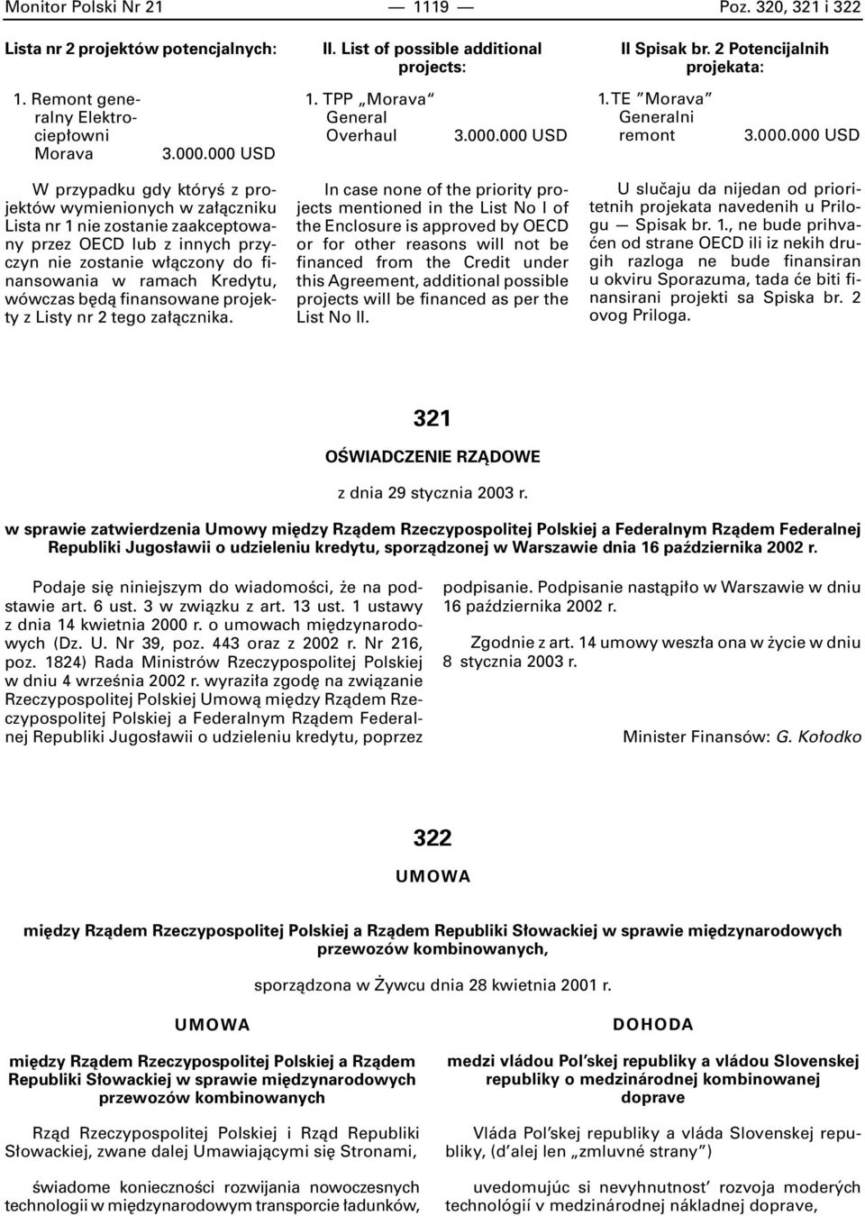 000 USD 1. TPP Morava General Overhaul 3.000.000 USD 1. TE Morava Generalni remont 3.000.000 USD W przypadku gdy któryê z projektów wymienionych w za àczniku Lista nr 1 nie zostanie zaakceptowany