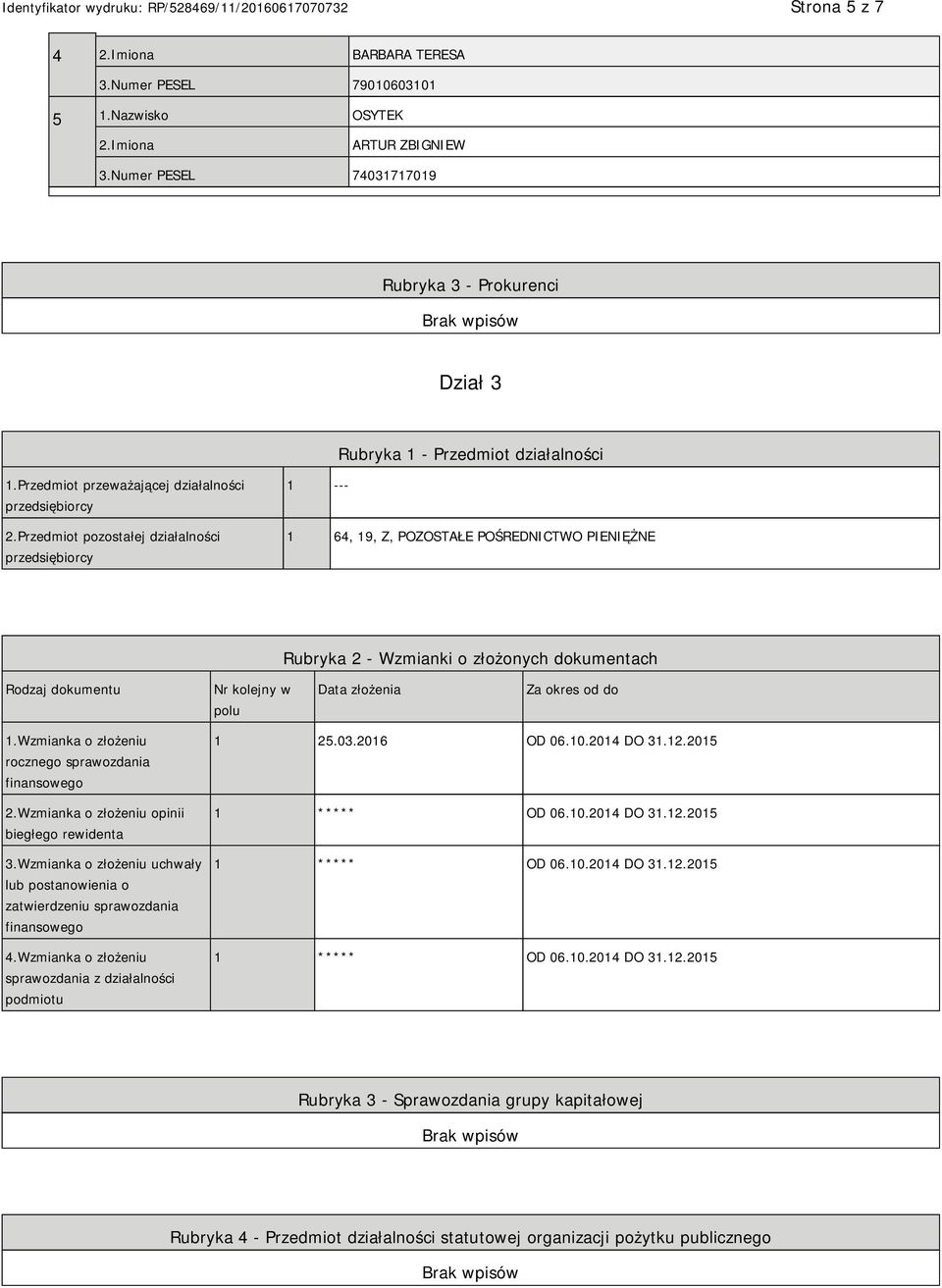 Przedmiot pozostałej działalności przedsiębiorcy 1 --- 1 64, 19, Z, POZOSTAŁE POŚREDNICTWO PIENIĘŻNE Rubryka 2 - Wzmianki o złożonych dokumentach Rodzaj dokumentu Nr kolejny w polu Data złożenia Za