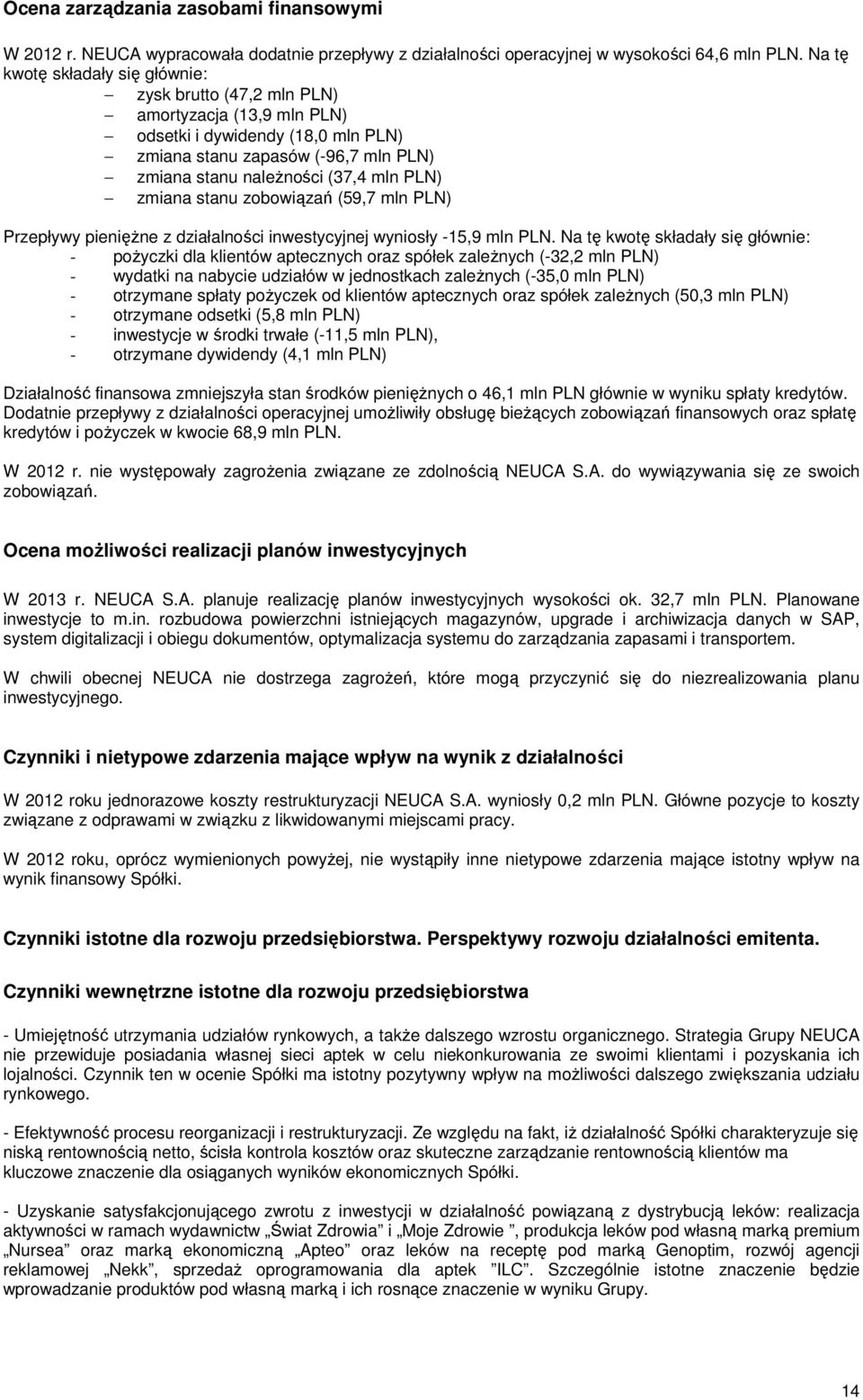 zmiana stanu zobowiązań (59,7 mln PLN) Przepływy pieniężne z działalności inwestycyjnej wyniosły -15,9 mln PLN.