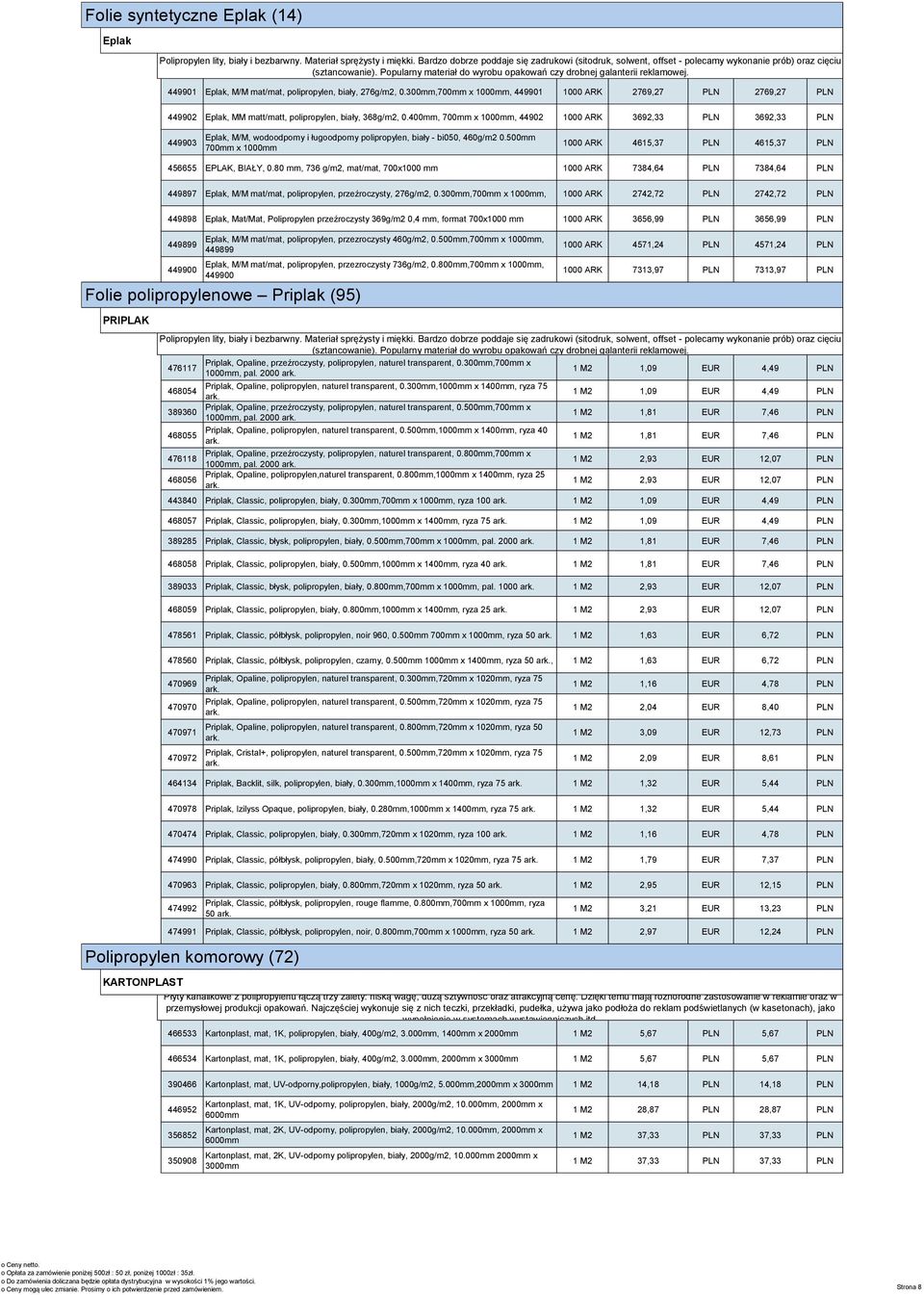 uk, solwent, Folie syntetyczne offset Eplak (14) - polecamy 449901 Eplak, wykonanie M/M mat/mat, polipropylen, prób) biały, oraz 276g/m2, cięciu 0.300mm,700mm (sztancowanie).