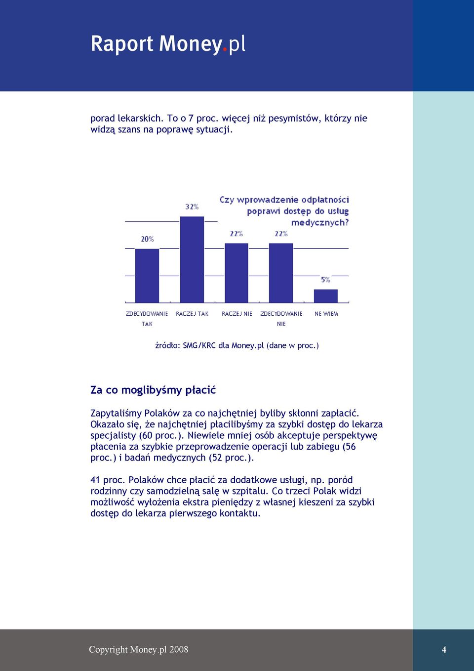 ). Niewiele mniej osób akceptuje perspektywę płacenia za szybkie przeprowadzenie operacji lub zabiegu (56 proc.) i badań medycznych (52 proc.). 41 proc.