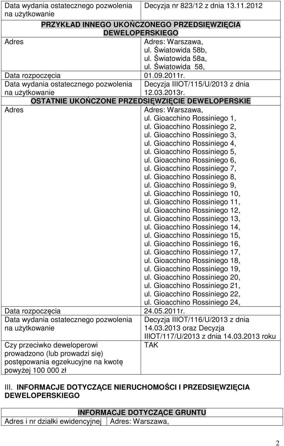 OSTATNIE UKOŃCZONE PRZEDSIĘWZIĘCIE DEWELOPERSKIE Adres Adres: Warszawa, ul. Gioacchino Rossiniego 1, ul. Gioacchino Rossiniego 2, ul. Gioacchino Rossiniego 3, ul. Gioacchino Rossiniego 4, ul.