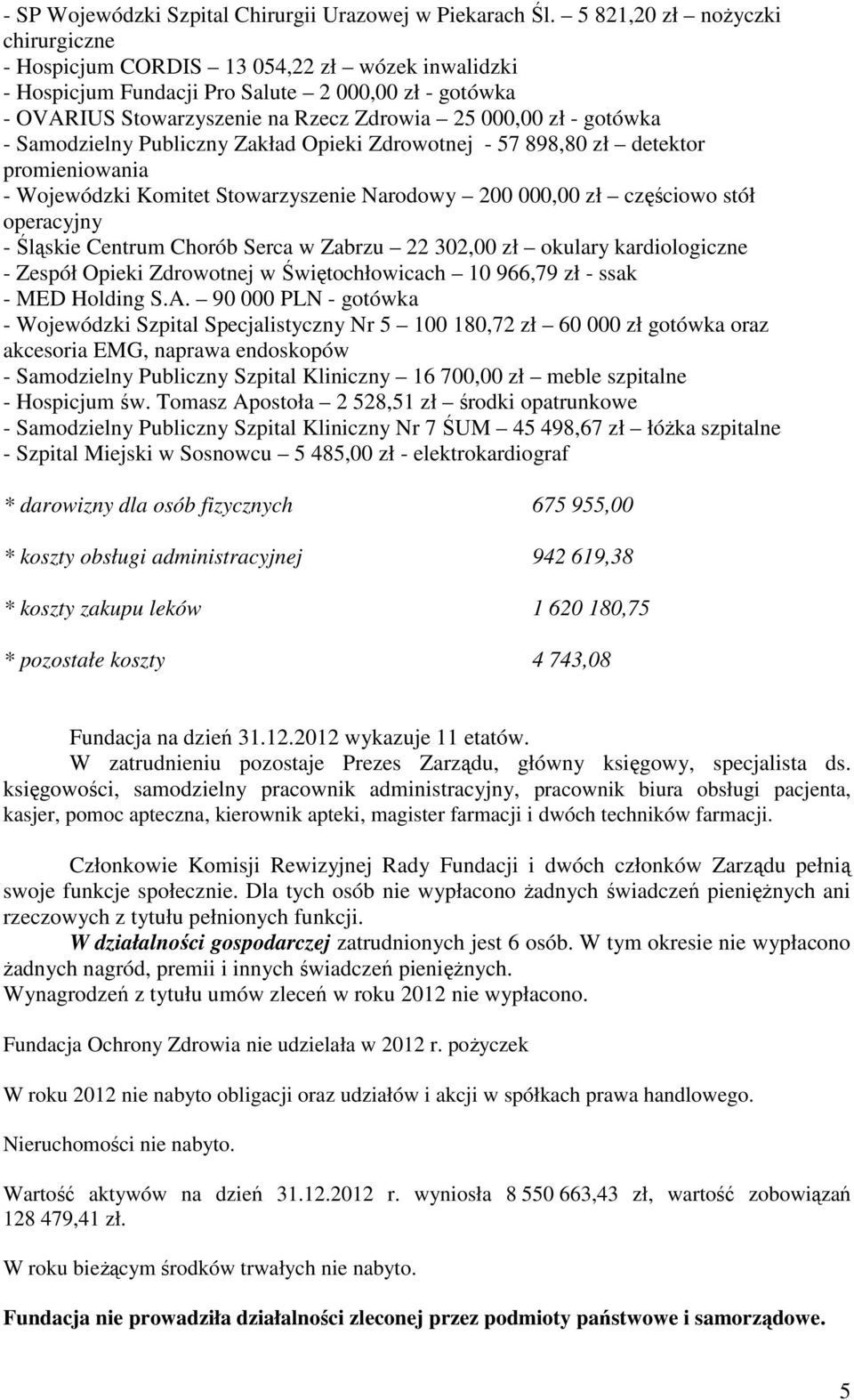 gotówka - Samodzielny Publiczny Zakład Opieki Zdrowotnej - 57 898,80 zł detektor promieniowania - Wojewódzki Komitet Stowarzyszenie Narodowy 200 000,00 zł częściowo stół operacyjny - Śląskie Centrum