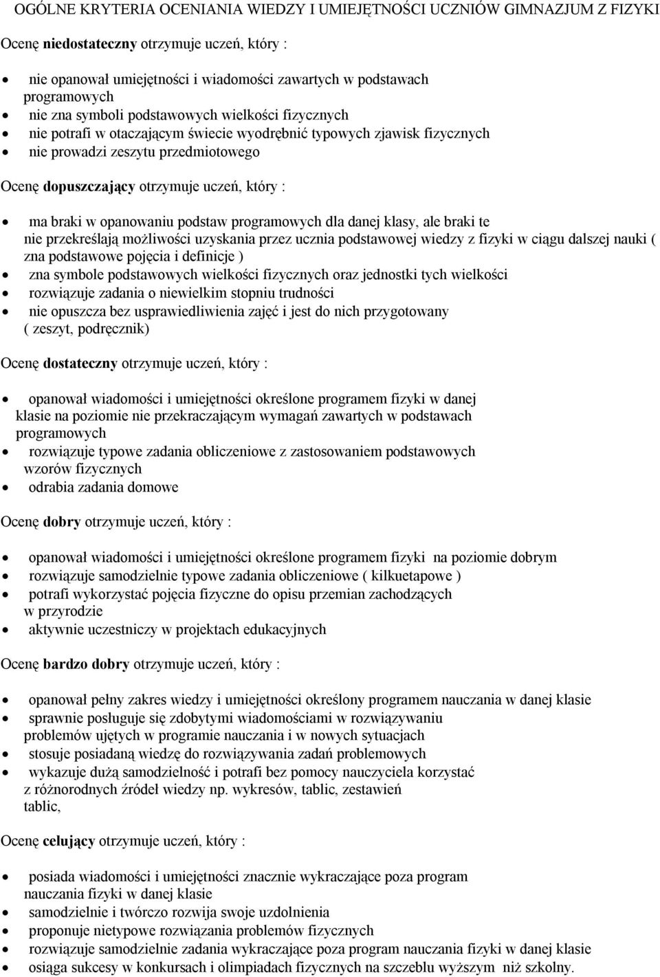 ma braki w opanowaniu podstaw programowych dla danej klasy, ale braki te nie przekreślają możliwości uzyskania przez ucznia podstawowej wiedzy z fizyki w ciągu dalszej nauki ( zna podstawowe pojęcia