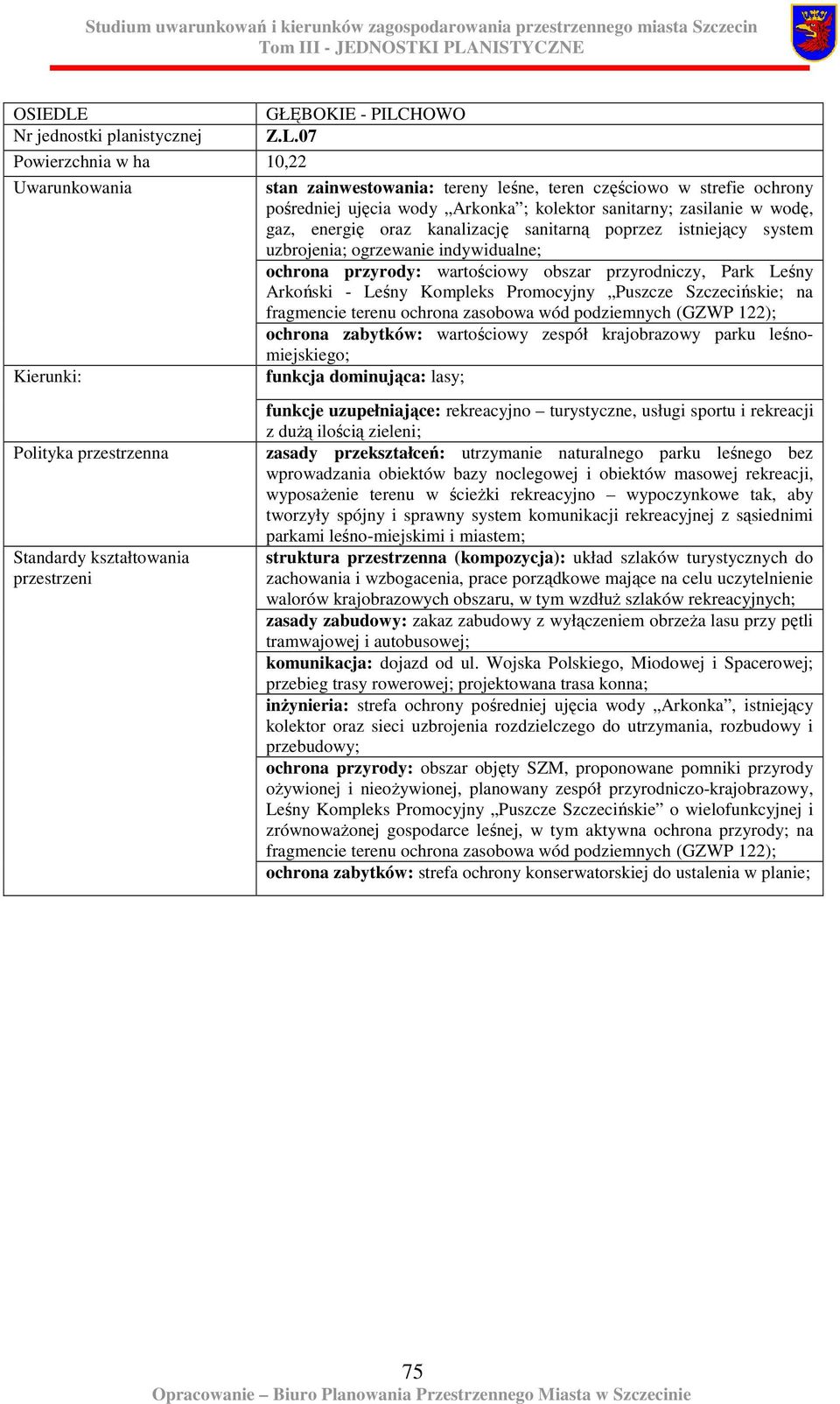 sanitarną poprzez istniejący system uzbrojenia; ogrzewanie indywidualne; ochrona przyrody: wartościowy obszar przyrodniczy, Park Leśny Arkoński - Leśny Kompleks Promocyjny Puszcze Szczecińskie; na