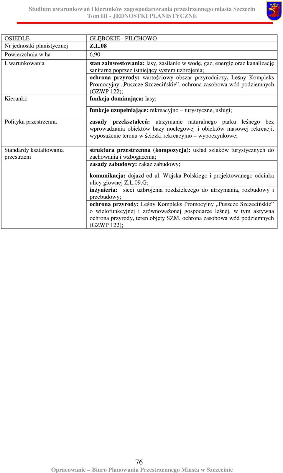 Leśny Kompleks Promocyjny Puszcze Szczecińskie, ochrona zasobowa wód podziemnych (GZWP 122); funkcja dominująca: lasy; funkcje uzupełniające: rekreacyjno turystyczne, usługi; zasady przekształceń: