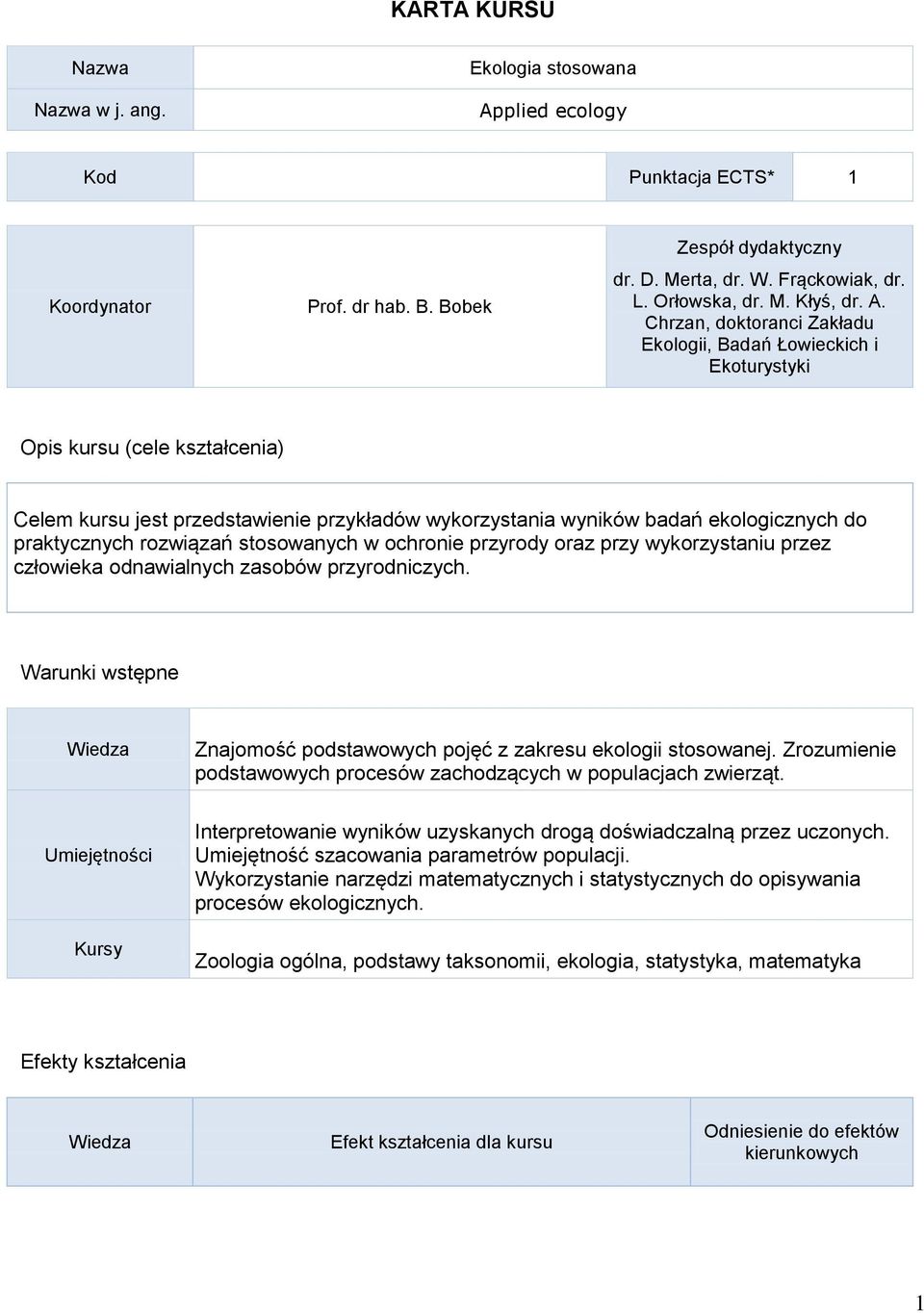 Chrzan, doktoranci Zakładu Ekologii, Badań Łowieckich i Ekoturystyki Opis kursu (cele kształcenia) Celem kursu jest przedstawienie przykładów wykorzystania wyników badań ekologicznych do praktycznych