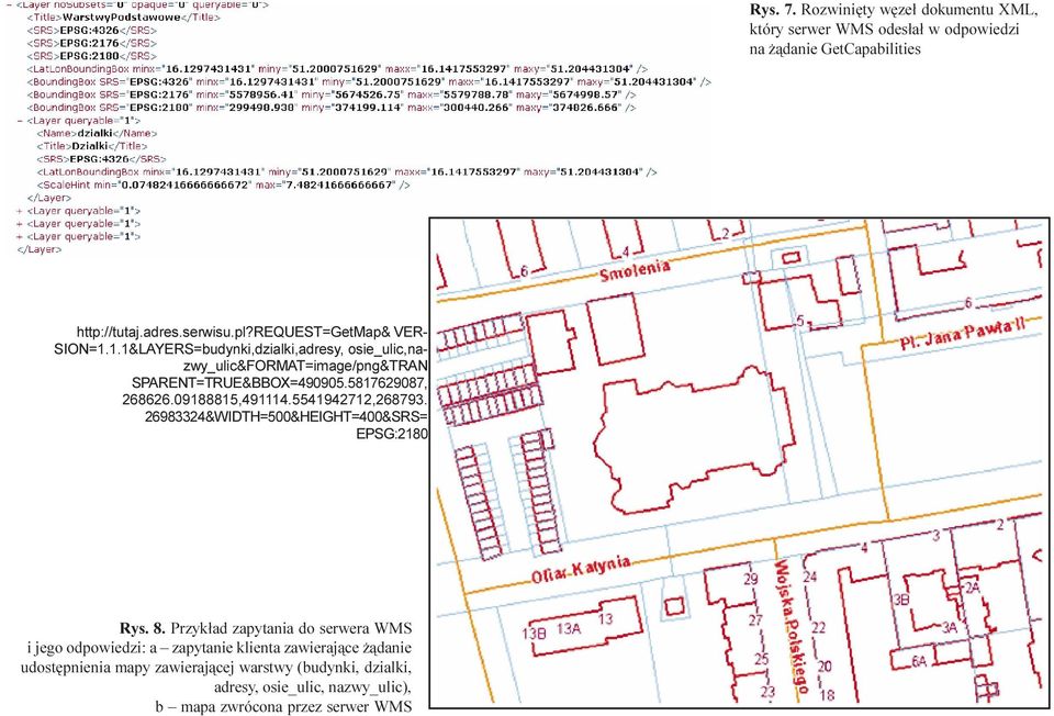 Przyk³ad zapytania do serwera WMS i jego odpowiedzi: a zapytanie klienta zawieraj¹ce ¹danie udostêpnienia mapy zawieraj¹cej warstwy (budynki, dzialki, adresy,