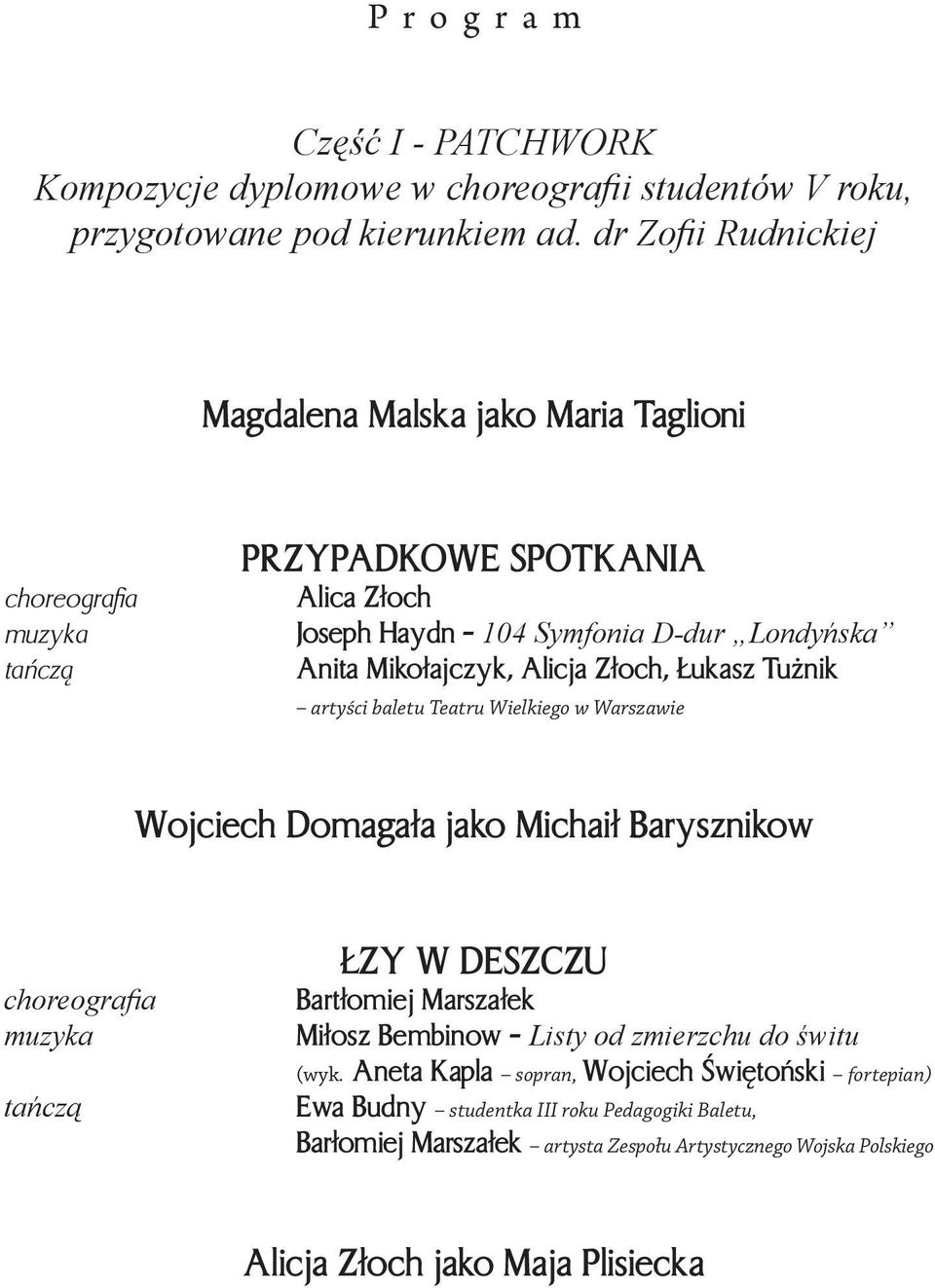 Z³och, ukasz Tu nik artyści baletu Teatru Wielkiego w Warszawie Wojciech Domaga³a jako Michai³ Barysznikow ZY W DESZCZU Bart³omiej Marsza³ek Mi³osz Bembinow - Listy od