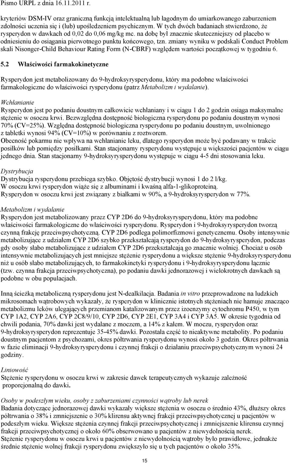zmiany wyniku w podskali Conduct Problem skali Nisonger-Child Behaviour Rating Form (N-CBRF) względem wartości początkowej w tygodniu 6. 5.