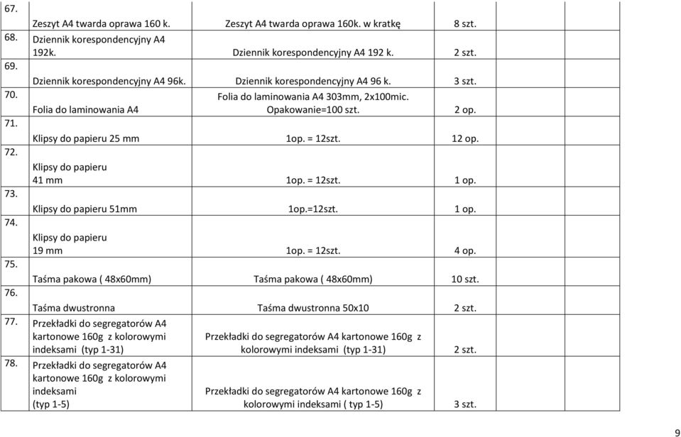 Klipsy do papieru 41 mm 1op. = 12szt. 1 op. 73. Klipsy do papieru 51mm 1op.=12szt. 1 op. 74. Klipsy do papieru 19 mm 1op. = 12szt. 4 op. 75. Taśma pakowa ( 48x60mm) Taśma pakowa ( 48x60mm) 10 szt. 76.