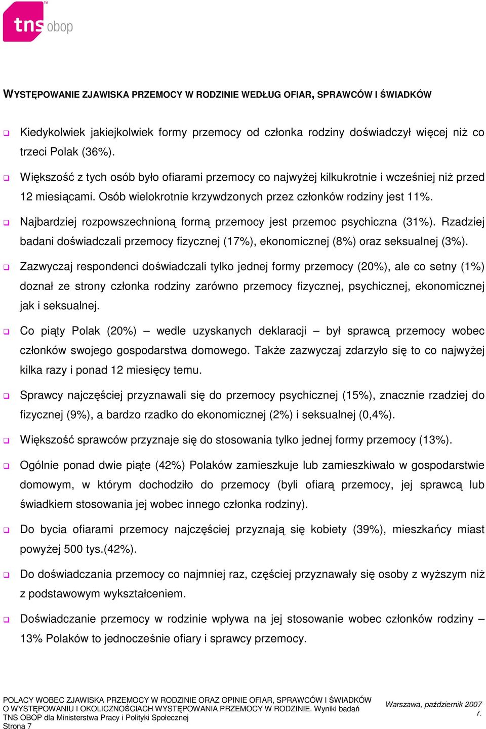 Najbardziej rozpowszechnioną formą przemocy jest przemoc psychiczna (31%). Rzadziej badani doświadczali przemocy fizycznej (17%), ekonomicznej (8%) oraz seksualnej (3%).