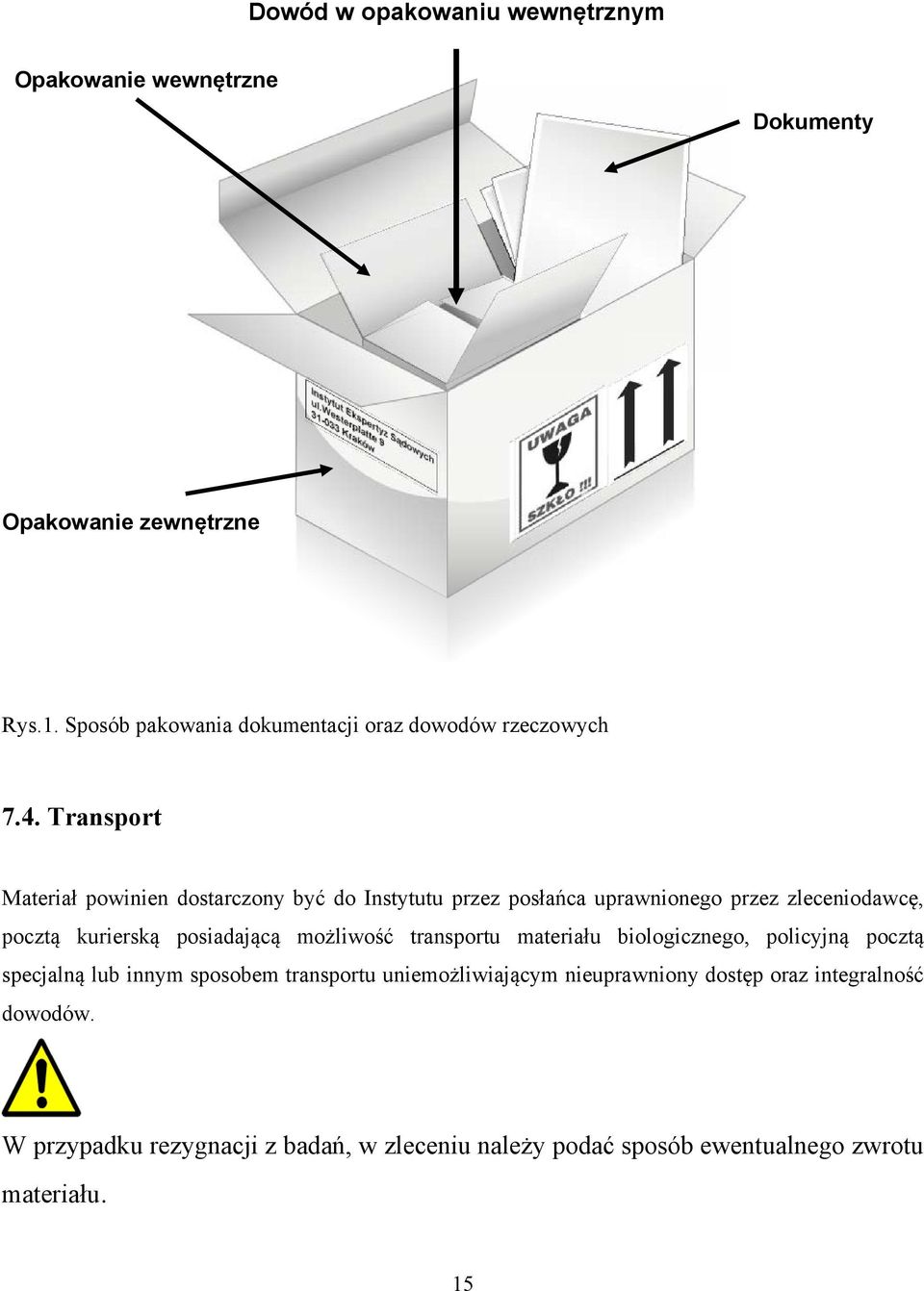 Transport Materiał powinien dostarczony być do Instytutu przez posłańca uprawnionego przez zleceniodawcę, pocztą kurierską posiadającą