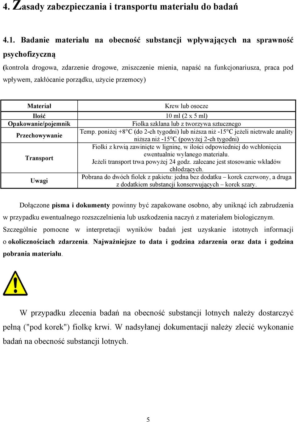porządku, użycie przemocy) Materiał Ilość Opakowanie/pojemnik Przechowywanie Transport Uwagi Krew lub osocze 10 ml (2 x 5 ml) Fiolka szklana lub z tworzywa sztucznego Temp.