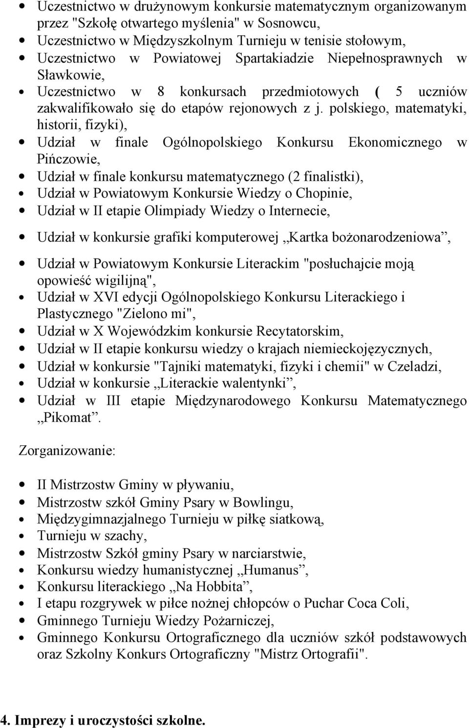 polskiego, matematyki, historii, fizyki), Udział w finale Ogólnopolskiego Konkursu Ekonomicznego w Pińczowie, Udział w finale konkursu matematycznego (2 finalistki), Udział w Powiatowym Konkursie