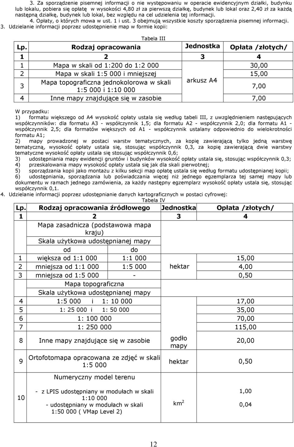 3. Udzielanie informacji poprzez udostępnienie map w formie kopii: Tabela III Lp.