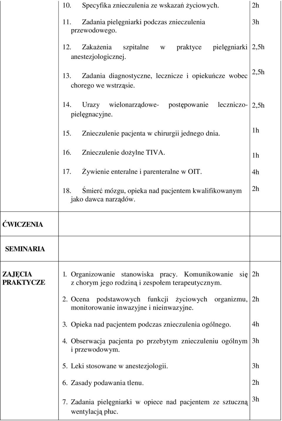 Znieczulenie dożylne TIVA. 17. Żywienie enteralne i parenteralne w OIT. 18. Śmierć mózgu, opieka nad pacjentem kwalifikowanym jako dawca narządów.