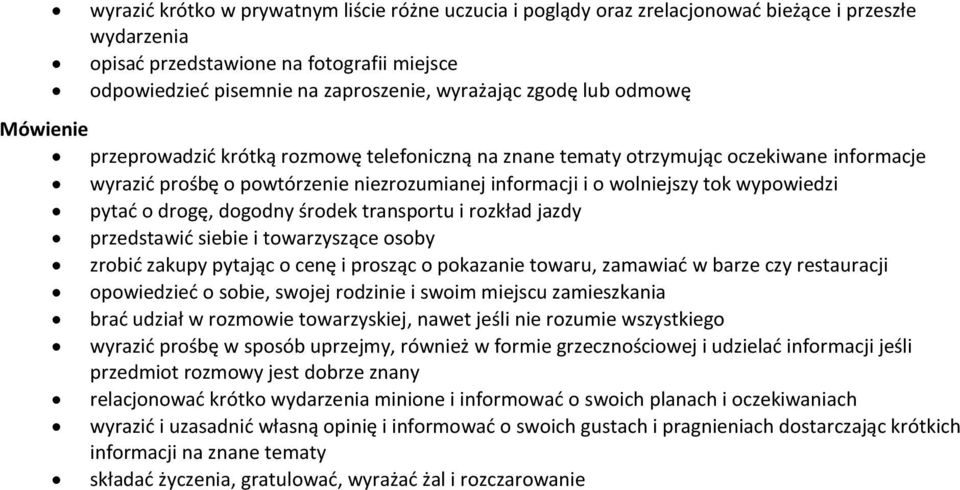 wypowiedzi pytać o drogę, dogodny środek transportu i rozkład jazdy przedstawić siebie i towarzyszące osoby zrobić zakupy pytając o cenę i prosząc o pokazanie towaru, zamawiać w barze czy restauracji