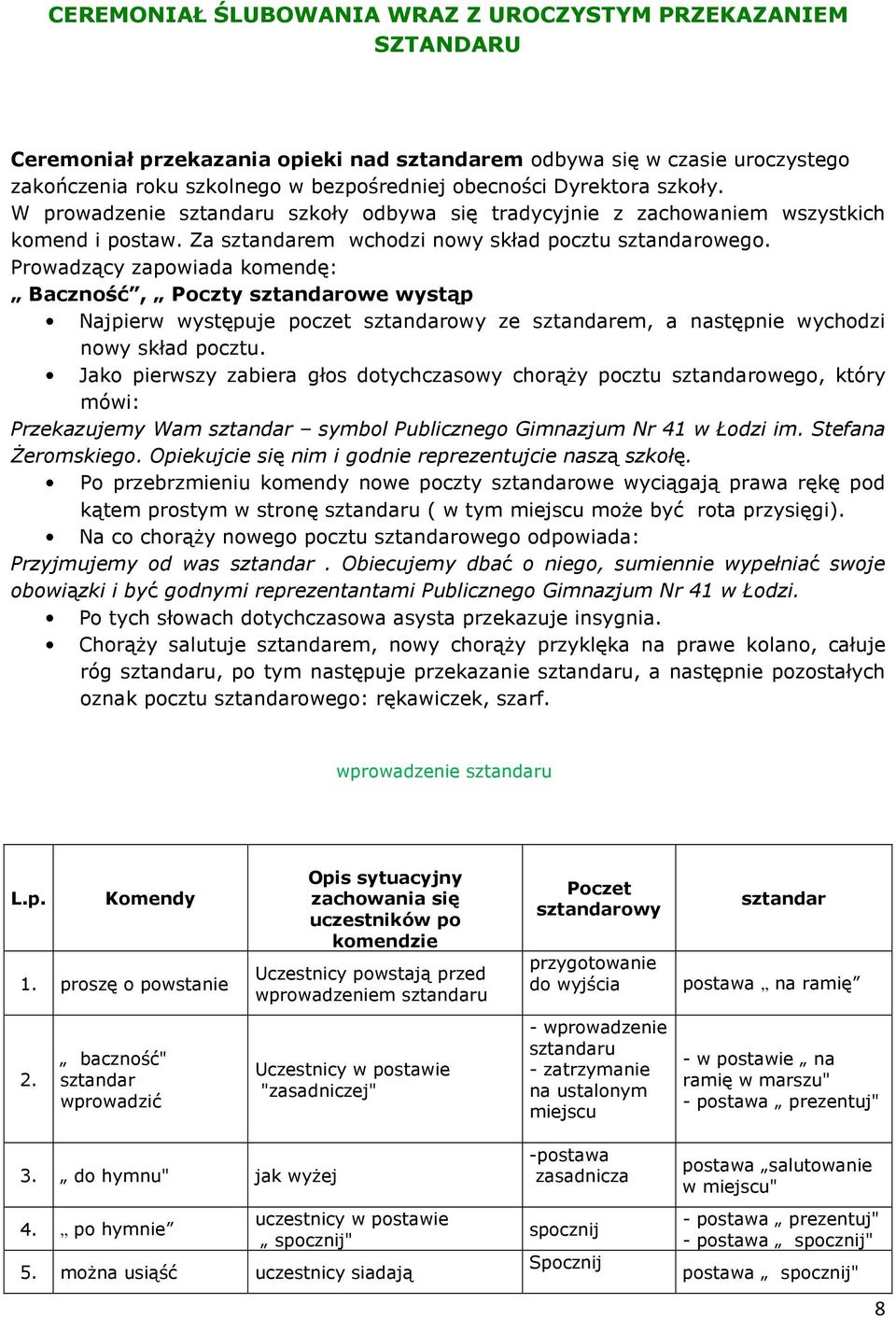 Prowadzący zapowiada komendę: Baczność, Poczty sztandarowe wystąp Najpierw występuje poczet sztandarowy ze sztandarem, a następnie wychodzi nowy skład pocztu.