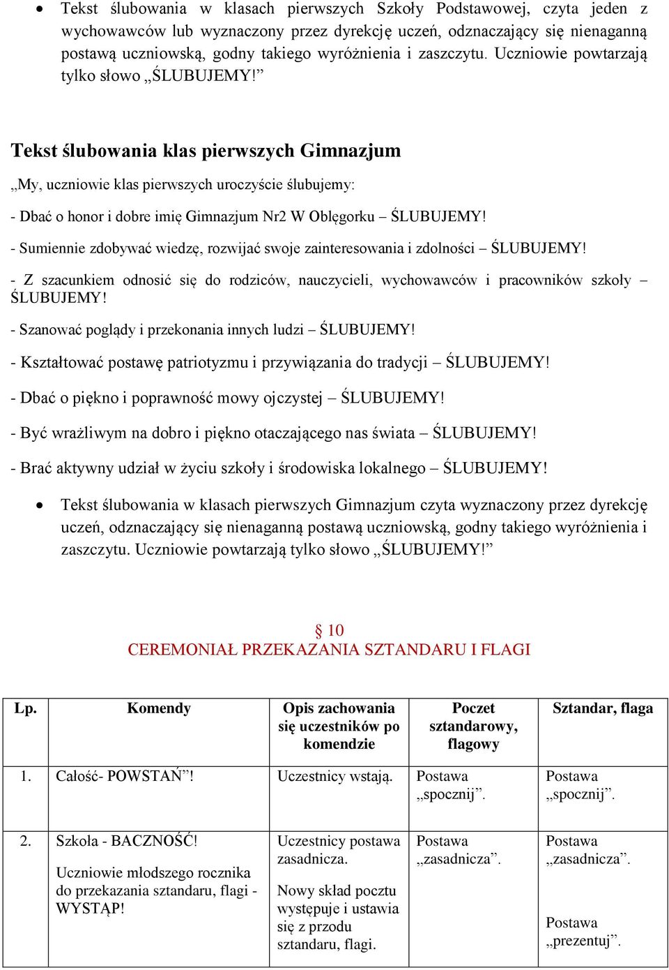 Tekst ślubowania klas pierwszych Gimnazjum My, uczniowie klas pierwszych uroczyście ślubujemy: - Dbać o honor i dobre imię Gimnazjum Nr2 W Oblęgorku ŚLUBUJEMY!