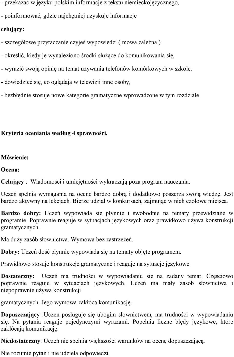 bezbłędnie stosuje nowe kategorie gramatyczne wprowadzone w tym rozdziale Kryteria oceniania według 4 sprawności.