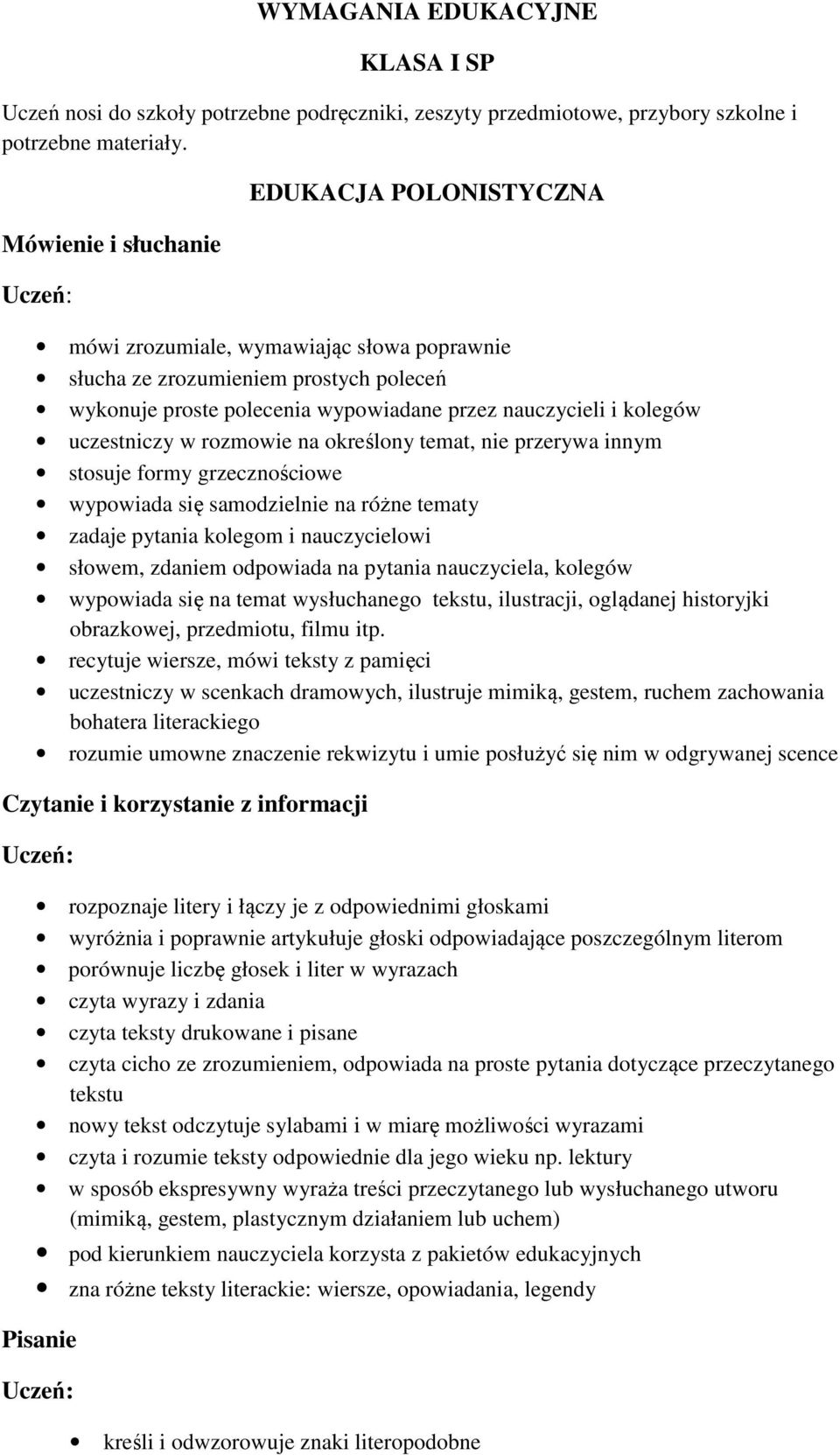 uczestniczy w rozmowie na określony temat, nie przerywa innym stosuje formy grzecznościowe wypowiada się samodzielnie na różne tematy zadaje pytania kolegom i nauczycielowi słowem, zdaniem odpowiada