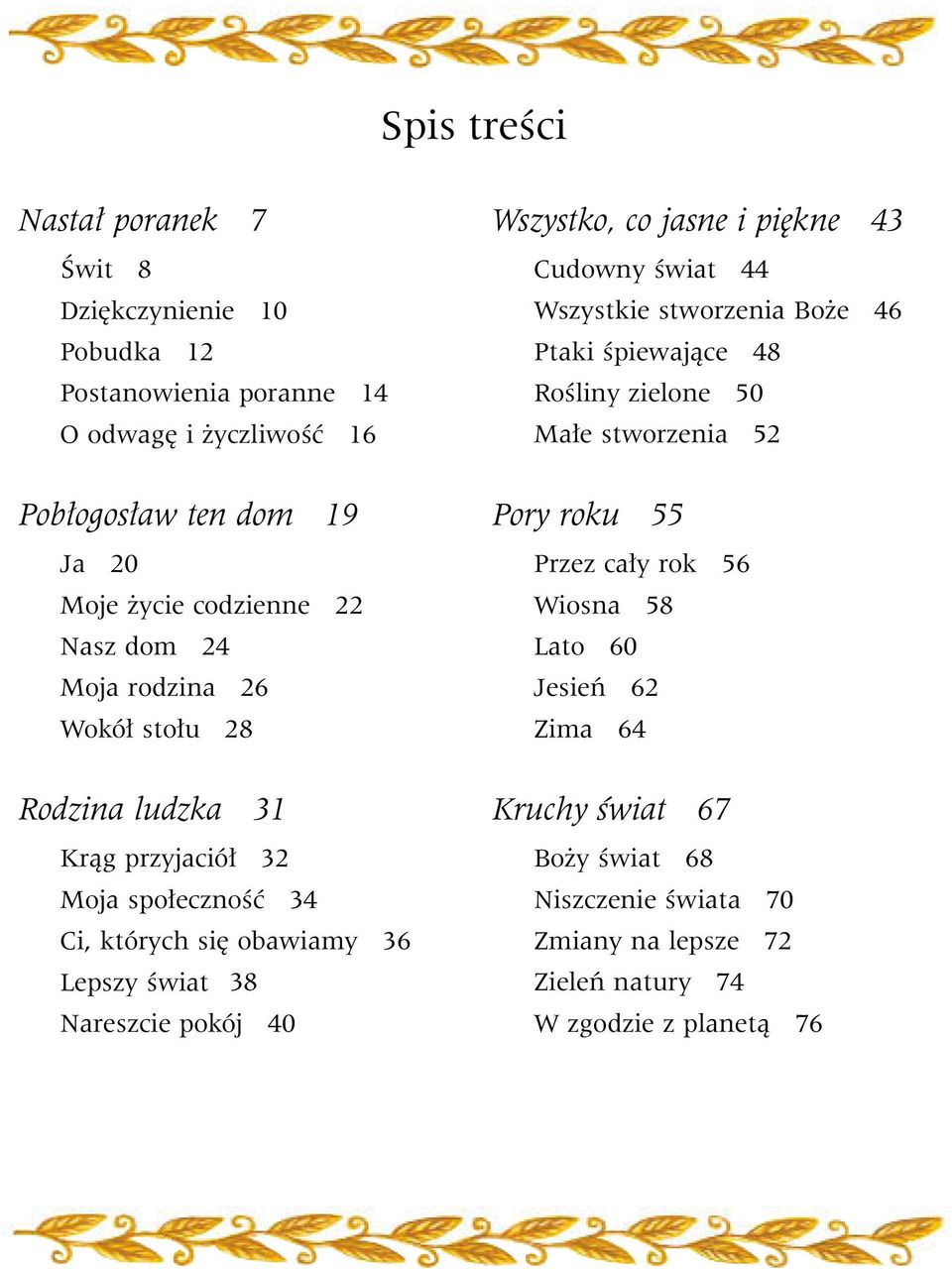 Nareszcie pokój 40 Wszystko, co jasne i piękne 43 Cudowny świat 44 Wszystkie stworzenia Boże 46 Ptaki śpiewające 48 Rośliny zielone 50 Małe stworzenia 52 Pory