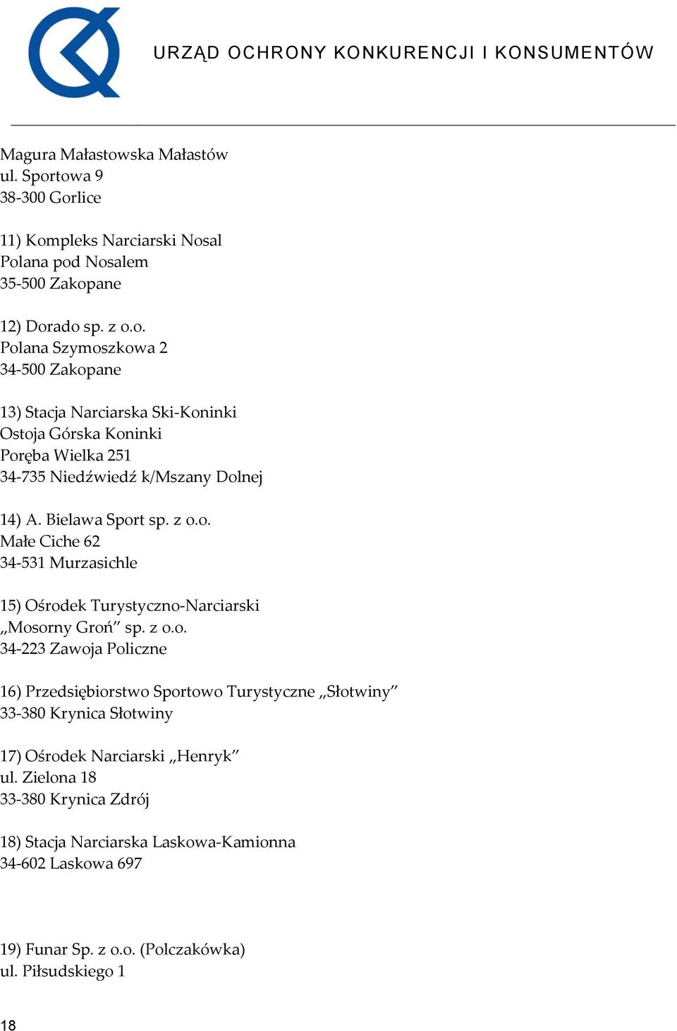 Zielona 18 33 380 Krynica Zdrój 18) Stacja Narciarska Laskowa Kamionna 34 602 Laskowa 697 19) Funar Sp. z o.o. (Polczakówka) ul. Piłsudskiego 1 18