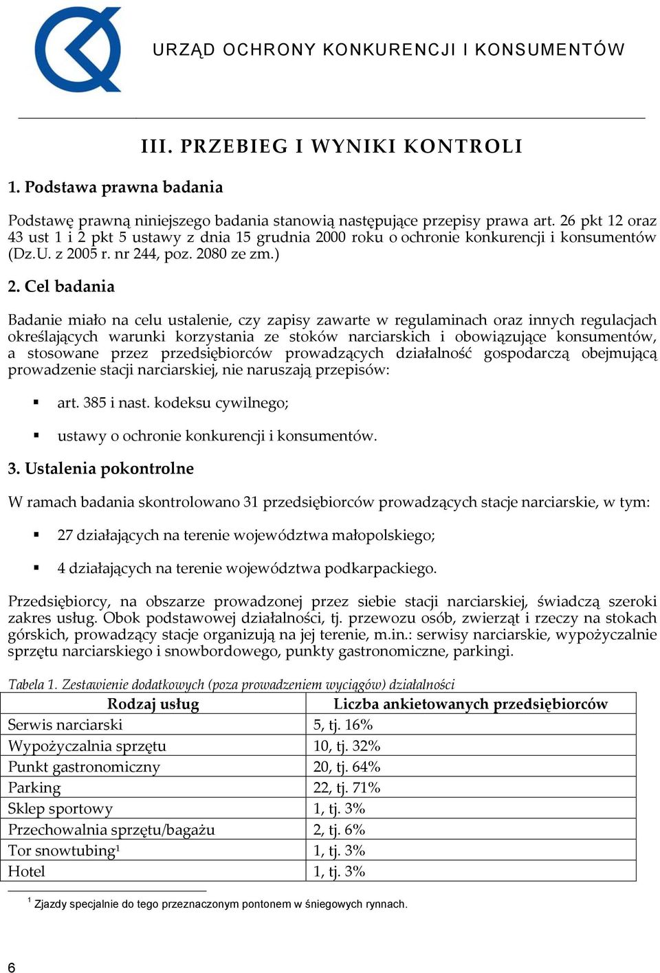 Cel badania Badanie miało na celu ustalenie, czy zapisy zawarte w regulaminach oraz innych regulacjach określających warunki korzystania ze stoków narciarskich i obowiązujące konsumentów, a stosowane