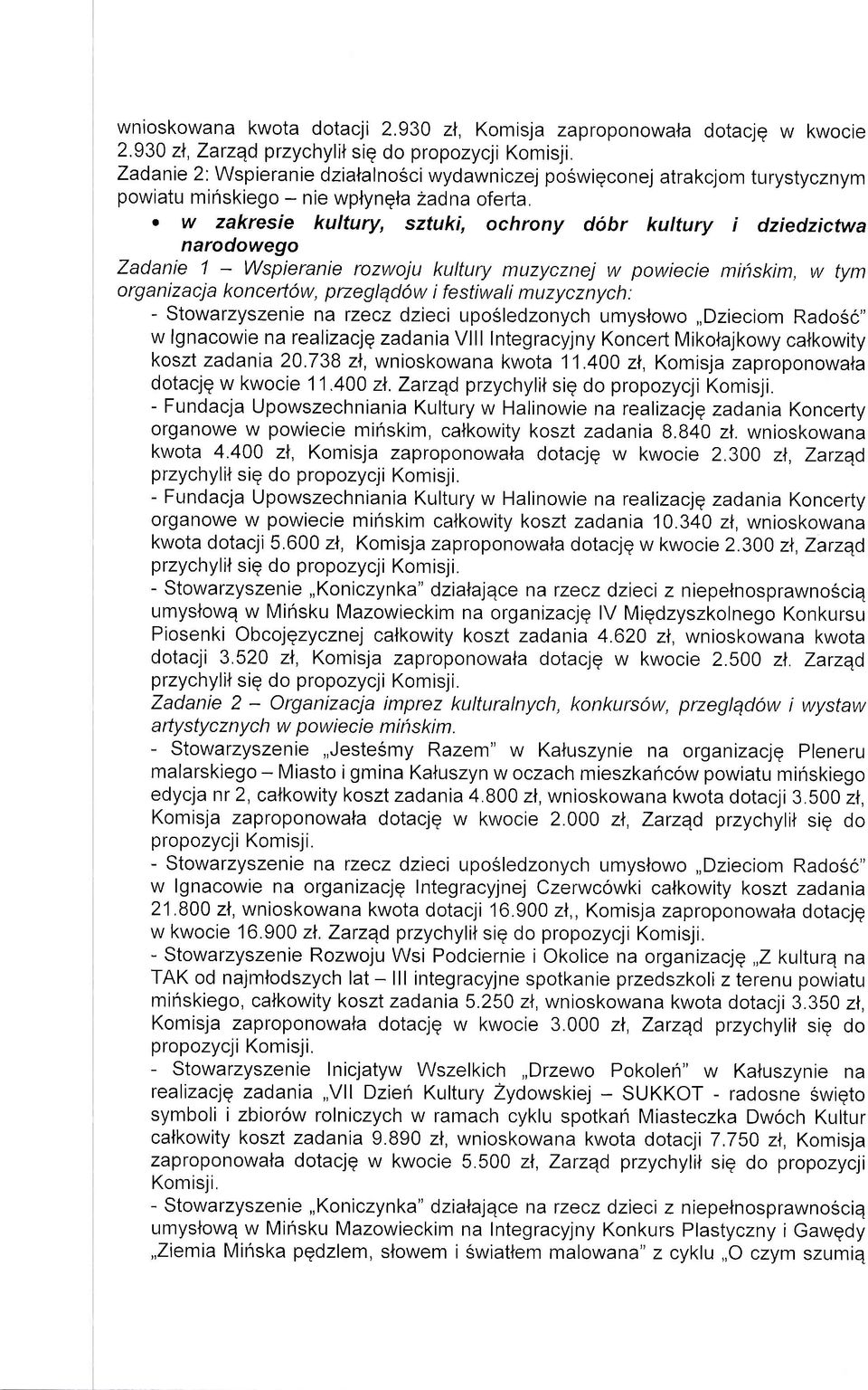 . w zakresie kultury, sztuki, ochrony dobr kultury i dziedzictwa narodowego Zadanie 1 - Wspieranie rozwoju kultury muzycznej w powiecie mihskim, w tym organizacja koncerlow, przeglqdow i festiwali