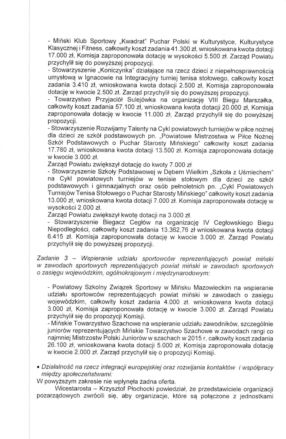 Zarzqd Powiatu przychylit sig do powyzszej propozycji - Stowarzyszenie,,Koniczynka" dzialajece na rzecz dzieci z niepelnosprawnosciq umyslowq w lgnacowie na Integracyjny turniej tenisa stolowego,