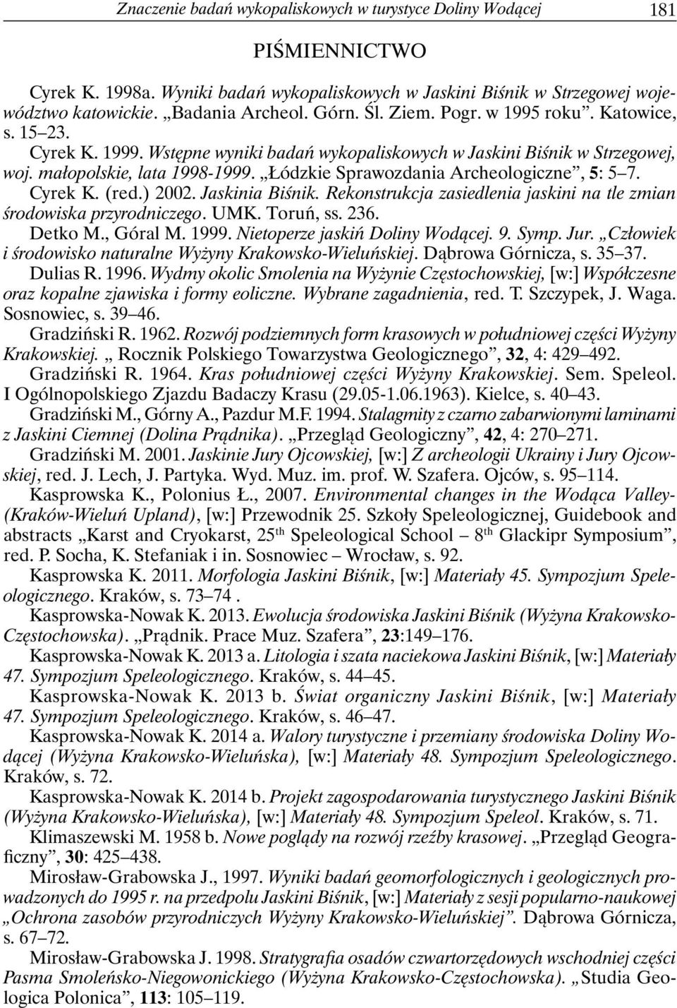 Łódzkie Sprawozdania Archeologiczne, 5: 5 7. Cyrek K. (red.) 2002. Jaskinia Biśnik. Rekonstrukcja zasiedlenia jaskini na tle zmian środowiska przyrodniczego. UMK. Toruń, ss. 236. Detko M., Góral M.
