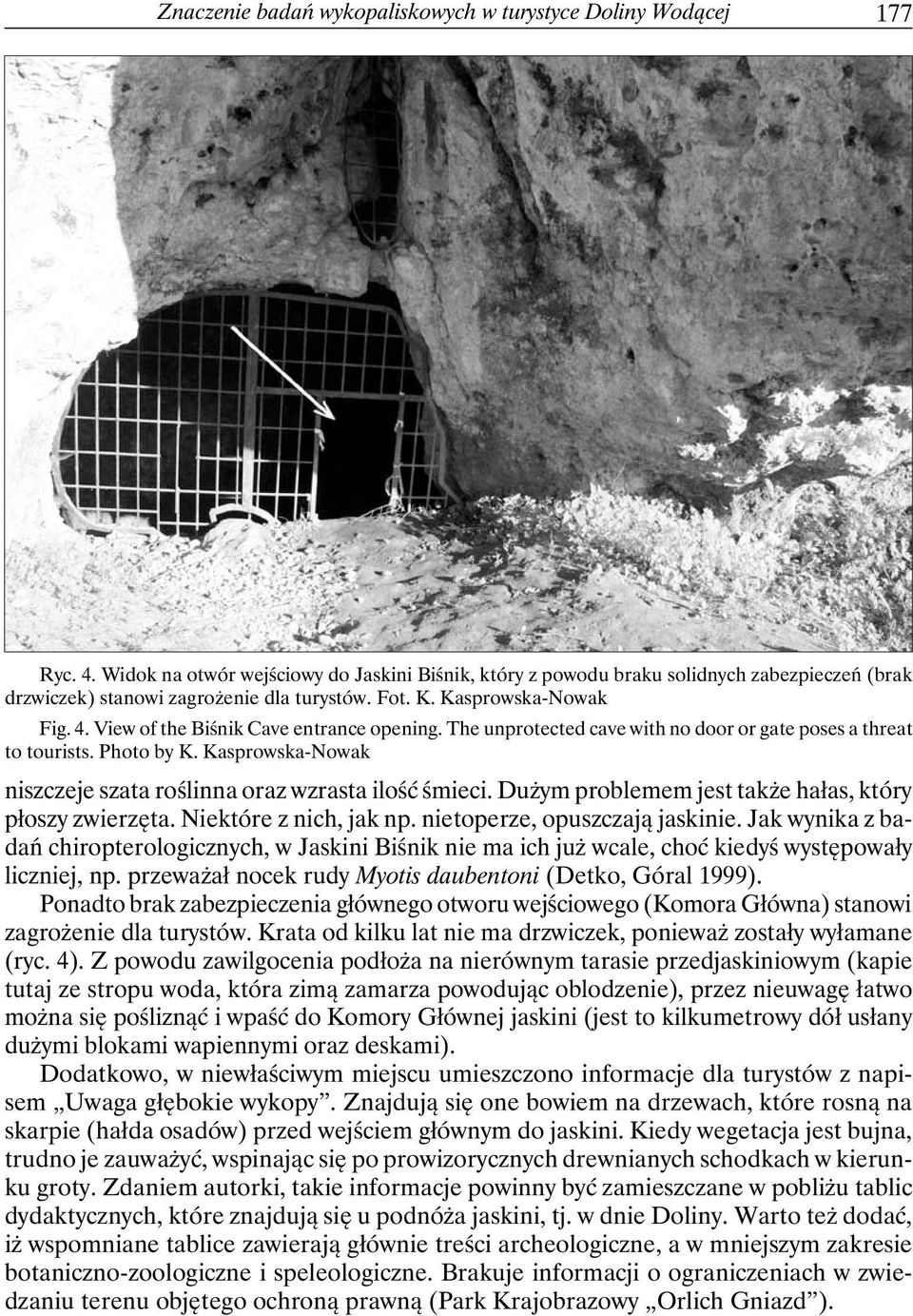 View of the Biśnik Cave entrance opening. The unprotected cave with no door or gate poses a threat to tourists. Photo by K. Kasprowska-Nowak niszczeje szata roślinna oraz wzrasta ilość śmieci.