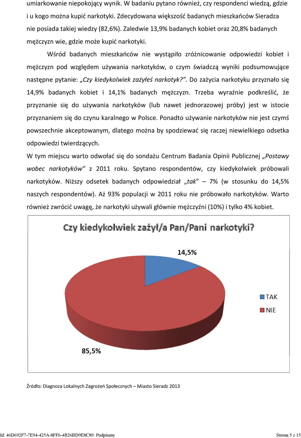 Wśród badanych mieszkańców nie wystąpiło zróżnicowanie odpowiedzi kobiet i mężczyzn pod względem używania narkotyków, o czym świadczą wyniki podsumowujące następne pytanie: Czy kiedykolwiek zażyłeś