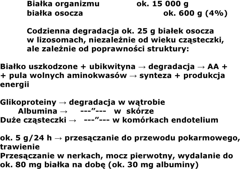 degradacja AA + + pula wolnych aminokwasów synteza + produkcja energii Glikoproteiny degradacja w wątrobie Albumina --- --- w skórze Duże