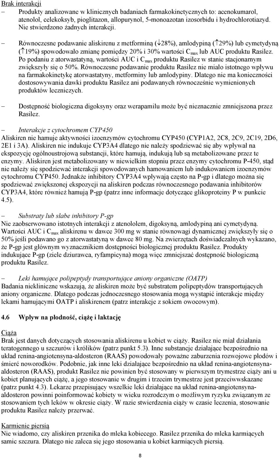 Równoczesne podawanie aliskirenu z metforminą ( 28%), amlodypiną ( 29%) lub cymetydyną ( 19%) spowodowało zmianę pomiędzy 20% i 30% wartości C max lub AUC produktu Rasilez.