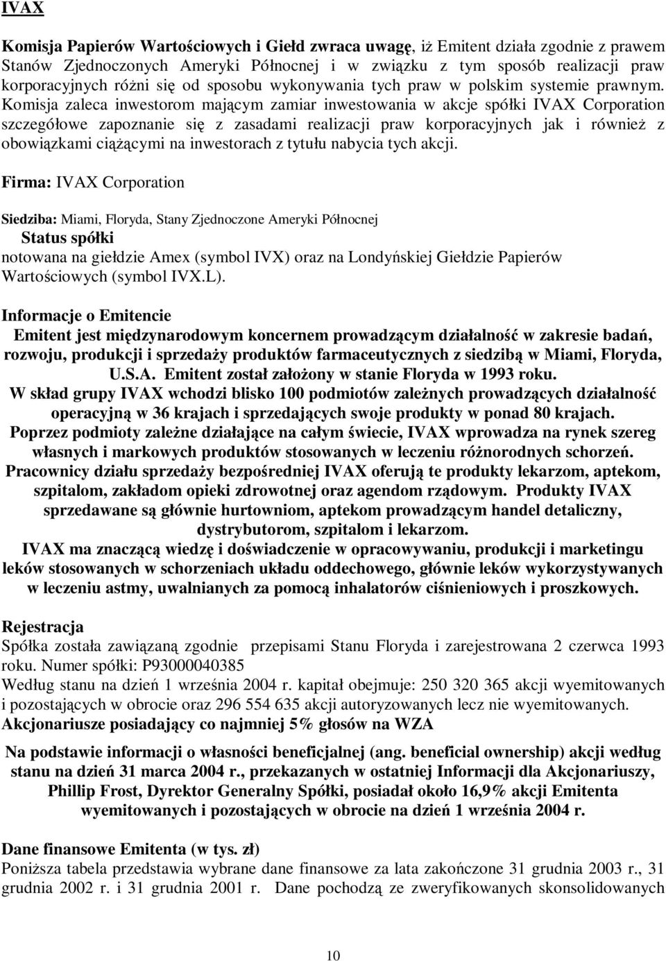 Komisja zaleca inwestorom mają cym zamiar inwestowania w akcje spółki IVAX Corporation szczegółowe zapoznanie się z zasadami realizacji praw korporacyjnych jak i również z obowią zkami cią żą cymi na