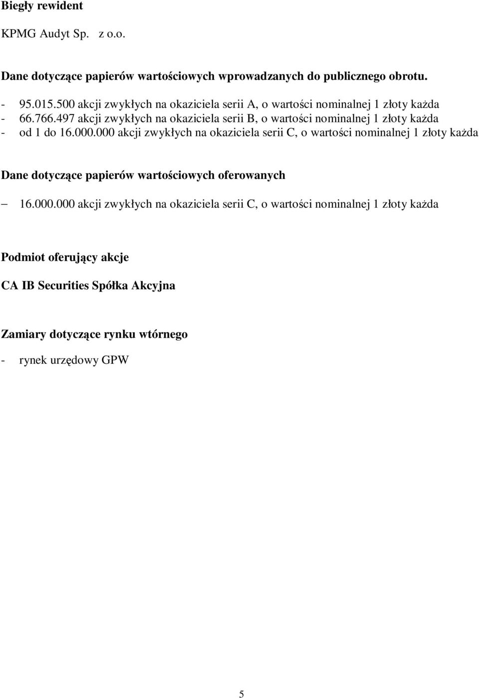 497 akcji zwykłych na okaziciela serii B, o wartości nominalnej 1 złoty każ da - od 1 do 16.000.