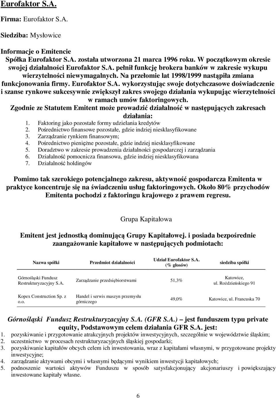 Zgodnie ze Statutem Emitent moż e prowadzić działalnoś ć w nastę pujących zakresach działania: 1. Faktoring jako pozostałe formy udzielania kredytów 2.