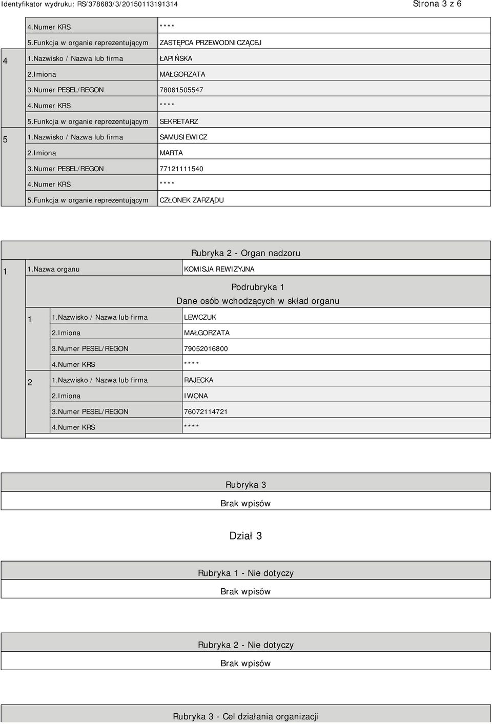 Nazwa organu KOMISJA REWIZYJNA Podrubryka 1 Dane osób wchodzących w skład organu 1 1.Nazwisko / Nazwa lub firma LEWCZUK MAŁGORZATA 3.