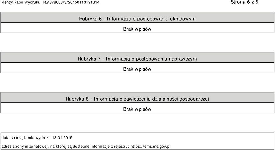działalności gospodarczej data sporządzenia wydruku 13.01.