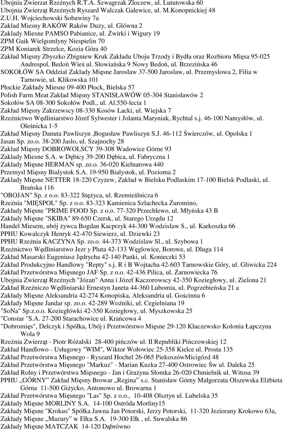 Żwirki i Wigury 19 ZPM Gaik Wielgomlyny Niespielin 70 ZPM Koniarek Strzelce, Kozia Góra 40 Zakład Mięsny Zbyszko Zbigniew Kruk Zakładu Uboju Trzody i Bydła oraz Rozbioru Mięsa 95-025 Andrespol, Bedoń