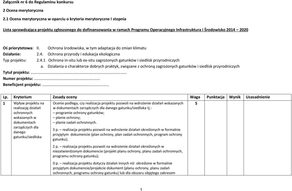 priorytetowa: II. Ochrona środowiska, w tym adaptacja do zmian klimatu Działanie: 2.4. Ochrona przyrody i edukacja ekologiczna Typ projektu: 2.4.1 Ochrona in-situ lub ex-situ zagrożonych gatunków i siedlisk przyrodniczych a.