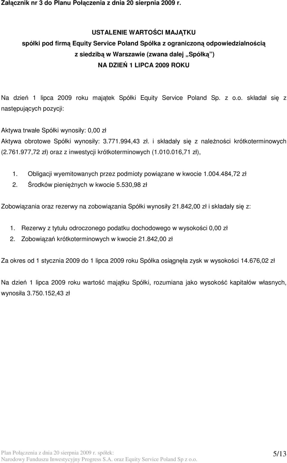 roku majątek Spółki Equity Service Poland Sp. z o.o. składał się z następujących pozycji: Aktywa trwałe Spółki wynosiły: zł Aktywa obrotowe Spółki wynosiły: 3.771.994,43 zł.