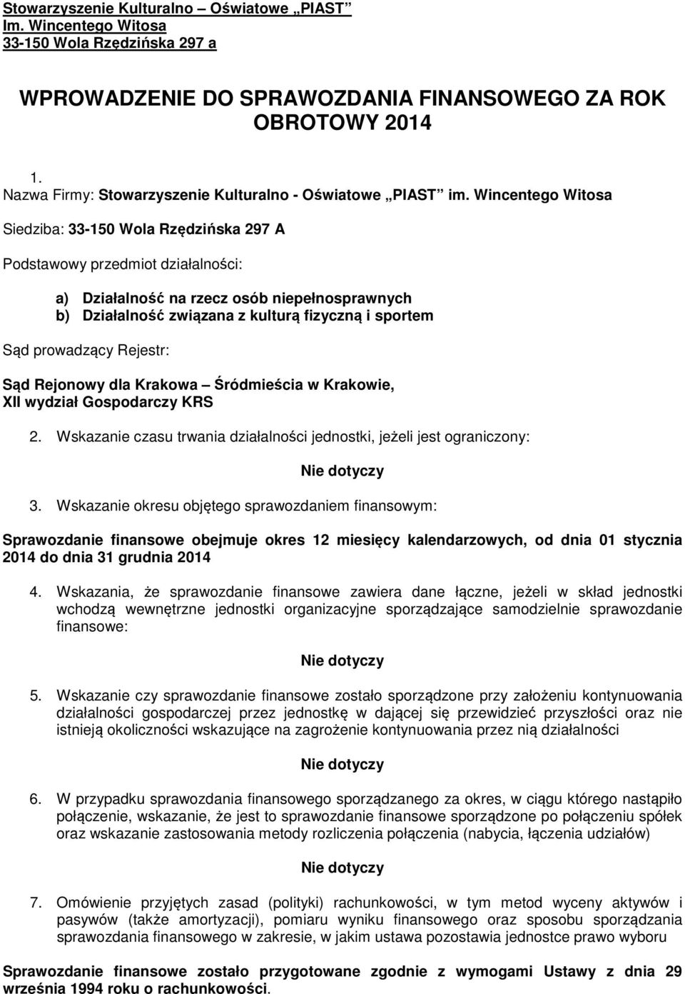 Wincentego Witosa Siedziba: 33-150 Wola Rzędzińska 297 A Podstawowy przedmiot działalności: a) Działalność na rzecz osób niepełnosprawnych b) Działalność związana z kulturą fizyczną i sportem Sąd